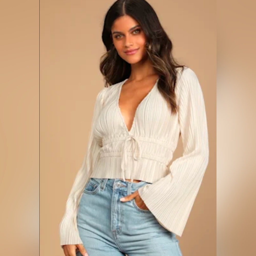 Lulu's Staying Optimistic Pleated Bell Sleeve Satin Top In Champagne